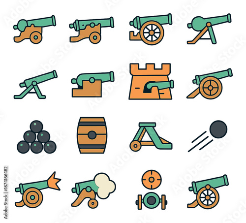 Linear medieval weapons icon set featuring cannons, catapult, fortress, cannonballs, and ammunition