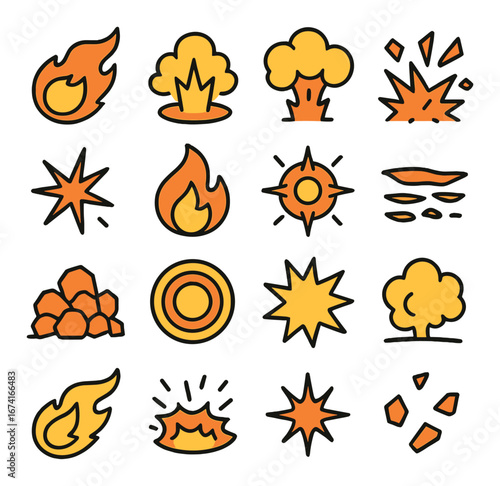 Flat explosion icon set featuring fire, blast, smoke, starburst, sparks, and eruption symbols