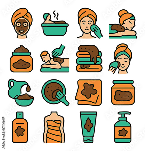 Flat spa icon set featuring skincare, massage, towels, jar, mask, body wrap, cream, and bottle symbols