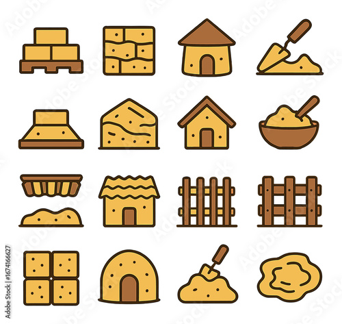 Flat construction icon set featuring bricks, cement, house, fence, and shovel symbols