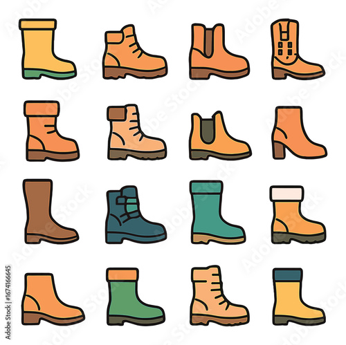 Flat footwear icon set featuring boots, hiking, gumboot, ankle boot, cowboy, and winter boot symbols