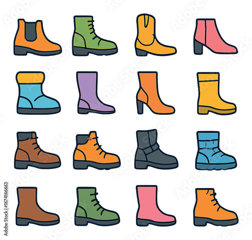 Linear shoes icon set featuring ankle boots, cowboy boots, sneakers, hiking boots, and heeled boots