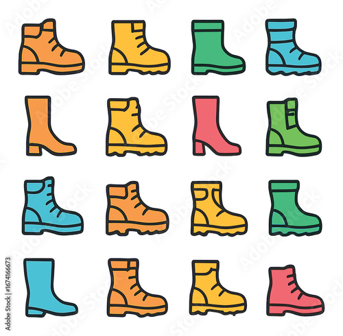 Linear footwear icons set featuring boots, shoes, sneakers, and sandals