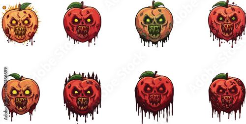 Grotesque monster apples with scary faces, horror fruit vector set for Halloween, spooky cartoon illustration, creepy glowing eyes design