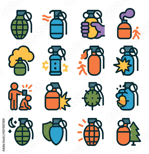 Linear grenade icon set featuring explosion, protection, countdown, gas, cloud, and alert symbols