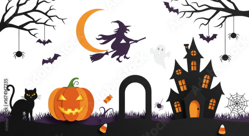 Spooky halloween scene with witch and haunted house illustration
