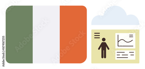 Irish flag next to a report featuring a person icon, chart, and text blocks placed under a cloud. Ideal for data visualization, cloud computing, statistics, nation-based analysis, reporting, digital