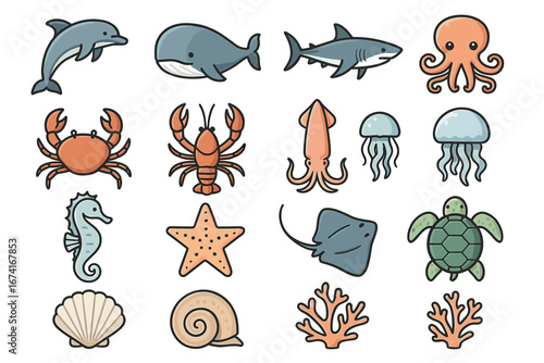Cute cartoon sea creatures collection with marine animals and ocean life icons