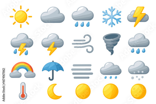 Weather icons set: sun, clouds, rain, snowflake, lightning, wind, tornado, rainbow, umbrella, moon