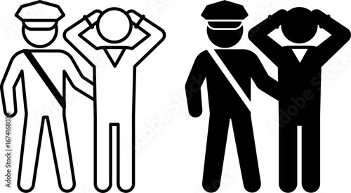 Arrest Icons. Black and White Vector Illustrations. Policeman Detains Offender. Temporary Restriction of Rights of an Individual. Justice Concept