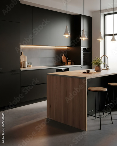 Contemporary Minimalist Kitchen with Black Cabinets and Wooden Island