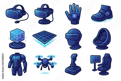 Futuristic virtual reality gadgets and accessories collection