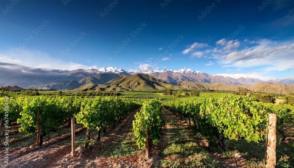 Obraz premium argentina mendoza andes mountains and vineyard landscape with green hills and grape vines