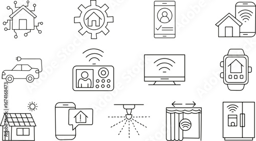 A clean, minimalist vector illustration showcasing a grid of twelve interconnected icons representing smart home technology, presented on a stark white background
