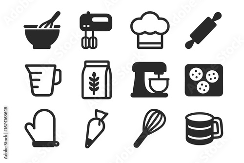 Baking icons: mixer, chef hat, rolling pin, oven mitt, measuring cup, whisk