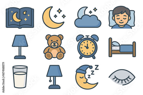 Bedtime elements: moon, stars, sleepy child, and cozy icons for nighttime routine