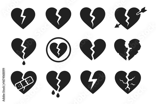 Set of twelve broken heart icons with tears, bandages, arrows, and cracks