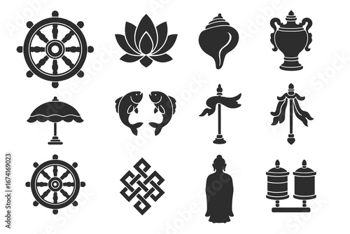 Silhouette icons of buddhist symbols including wheel, lotus, conch, and more