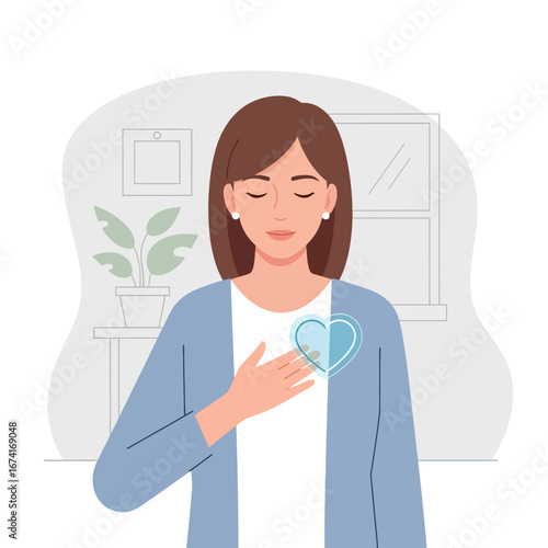A woman with her hand on her chest and a glowing heart symbol, representing self-love, care, and gratitude