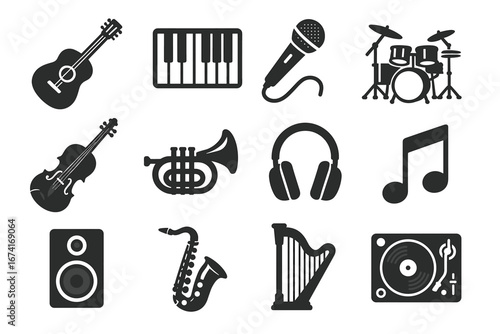Musical instruments icons: guitar, piano, microphone, drums, violin, trumpet, headphones, notes