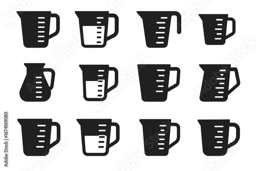 Various styles of measuring cup icons in silhouette design