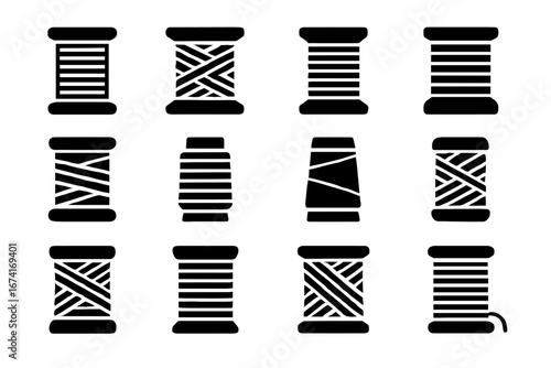 Black and white spool icons set: yarn and thread reels in various styles