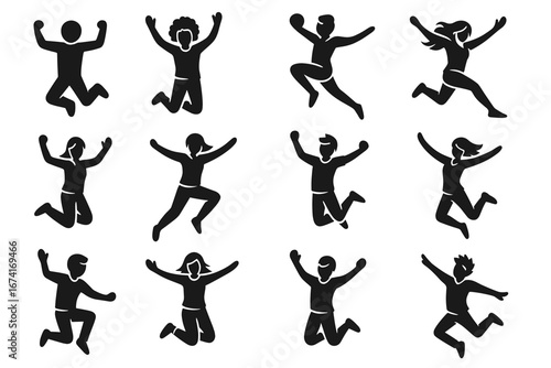Silhouette figures jumping with joy: diverse poses and dynamic movement