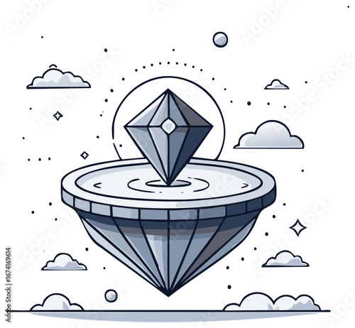 Floating gem in the sky above water, surreal cartoon illustration, fantasy dream