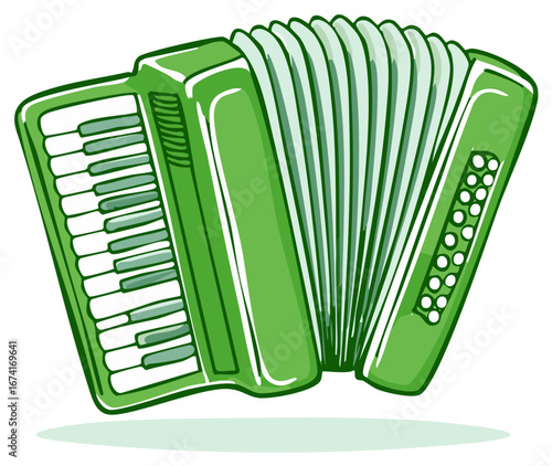 A vibrant green accordion with white keys and buttons is depicted in a whimsical illustration style.