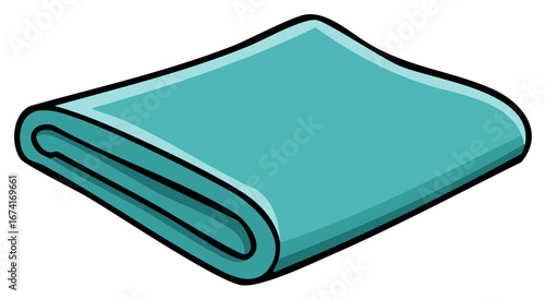 Folded blue towel illustration in isometric projection, cartoon style, with black outline