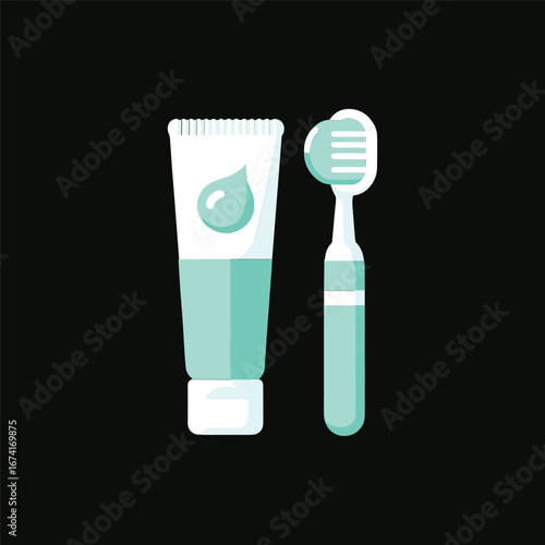A minimalist illustration of a toothpaste tube and toothbrush on a black background, ideal for dental hygiene concepts