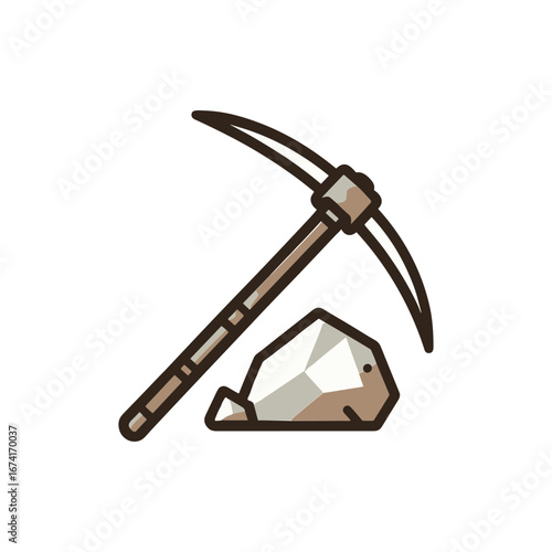 A mining tool with a pickaxe beside a rock, symbolizing excavation and exploration