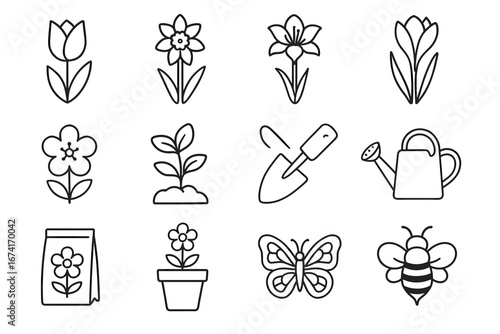 Simple floral and gardening icons: tulip, daffodil, gardening tools, butterfly, bee