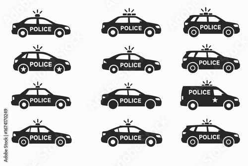 Black silhouette icons of various police vehicle types in different designs