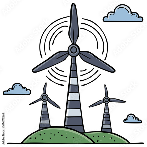 Wind Farm on Rolling Green Hills With Clouds Cartoon Illustration