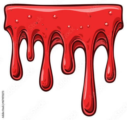 Red dripping cartoon illustration.  Red drips of liquid, vector art. Glossy blood or paint.
