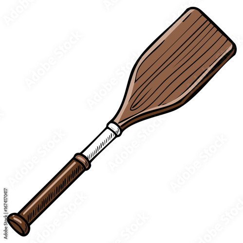 Brown wooden boat paddle cartoon illustration for rowing canoeing and water adventure sports