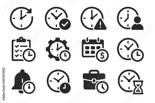 Clock and time management icon set with alarm, calendar, and gear symbols
