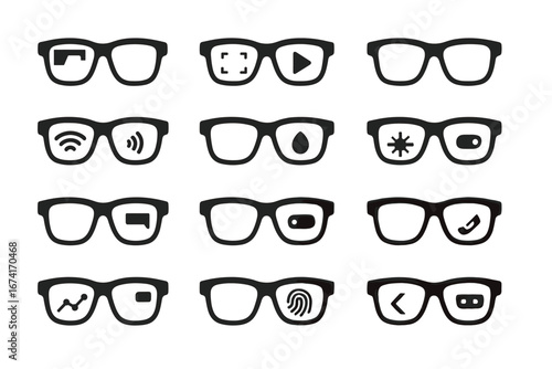 Smart glasses icons: technology symbols on eyewear for connectivity and functionality