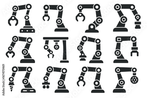 Collection of industrial robotic arm icons for automation and manufacturing