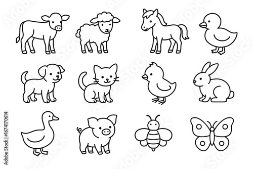 Black and white outline illustrations of farm animals and insects for kids