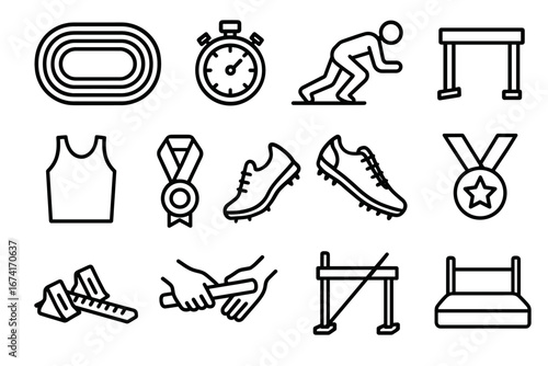 Athletic icons: track events, medals, shoes, and sports equipment