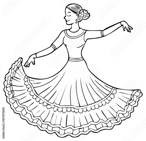 Graceful woman in a traditional full skirted dress dancing with arms outstretched elegant pose
