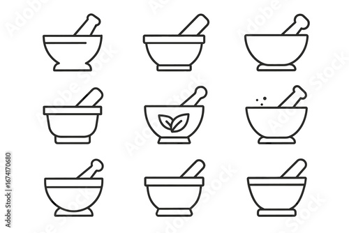Variety of mortar and pestle line icons for herb and spice grinding