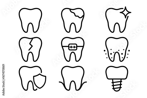 Dental icon set: damaged, braces, hygiene, protection, implant