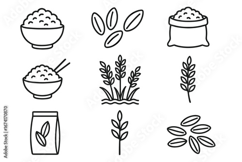 Rice icons: bowls, grains, plants, and sacks in simple line art