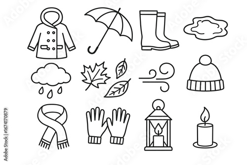 Autumn and winter outline icons: clothing, weather, and seasonal elements