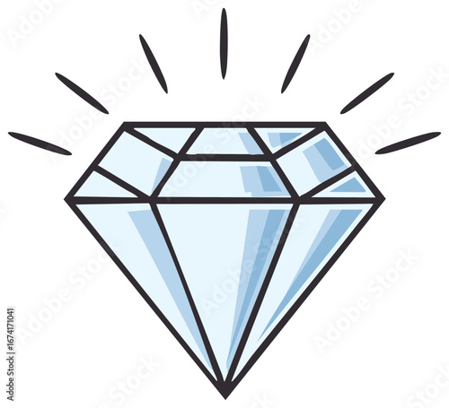 Sparkling blue diamond with radiating light lines, cartoon style.
