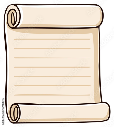 Empty lined scroll document with rolled edges and hand drawn cartoon style