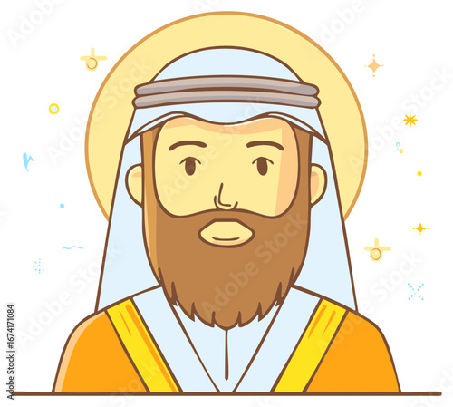 Bearded saint or holy man character in a traditional robe with a golden halo